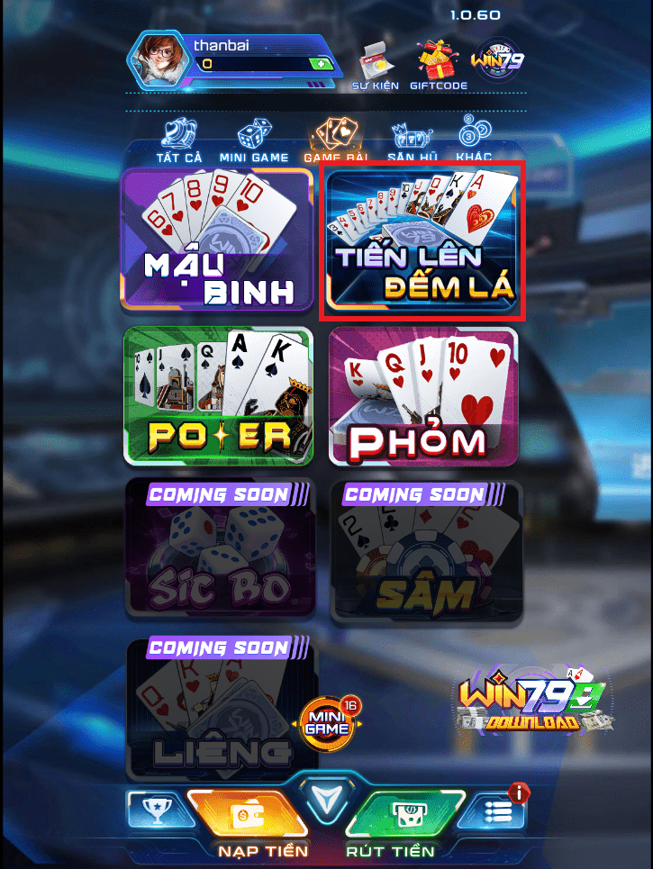 Giao diện của game bài Tiến Lên Đếm Lá WIN79