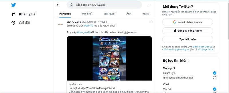 Phốt cổng game WIN79 trên Twitter